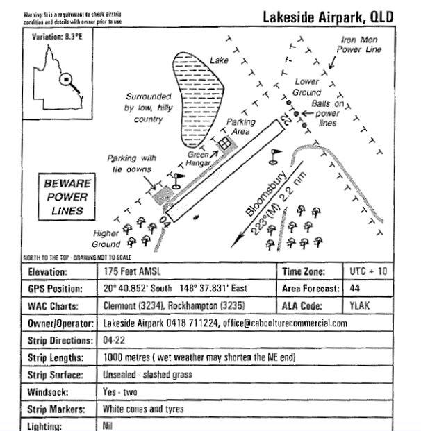 Figure 2: An extract from the Queensland Country Airstrip Guide. Diagrammatic representation of Lakeside Airpark and local hazards